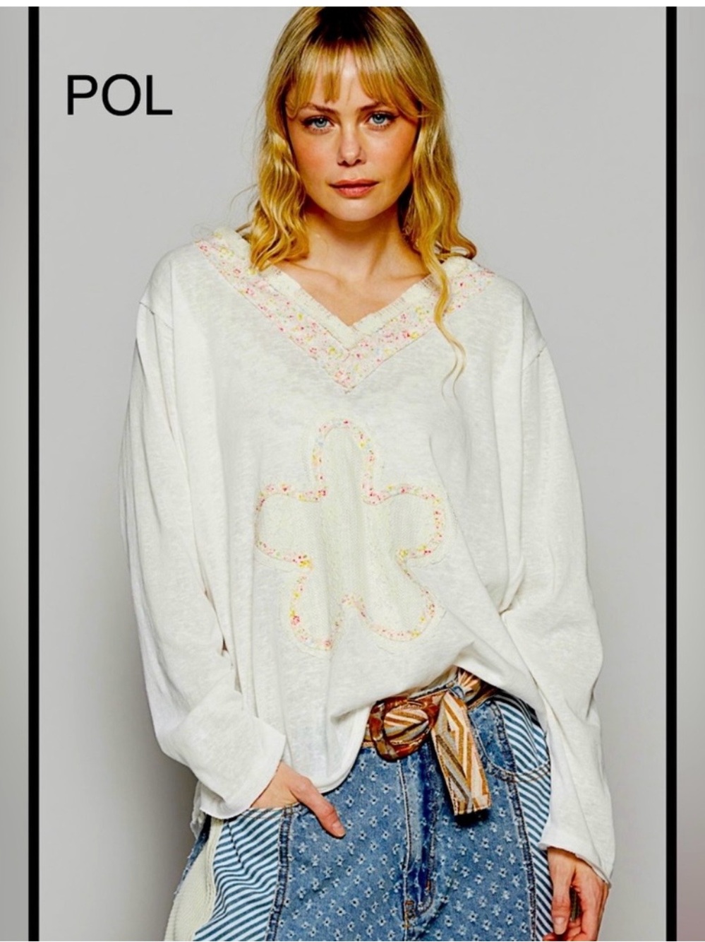 POL Cream Oversized V-Neck Top with Floral Appliqué